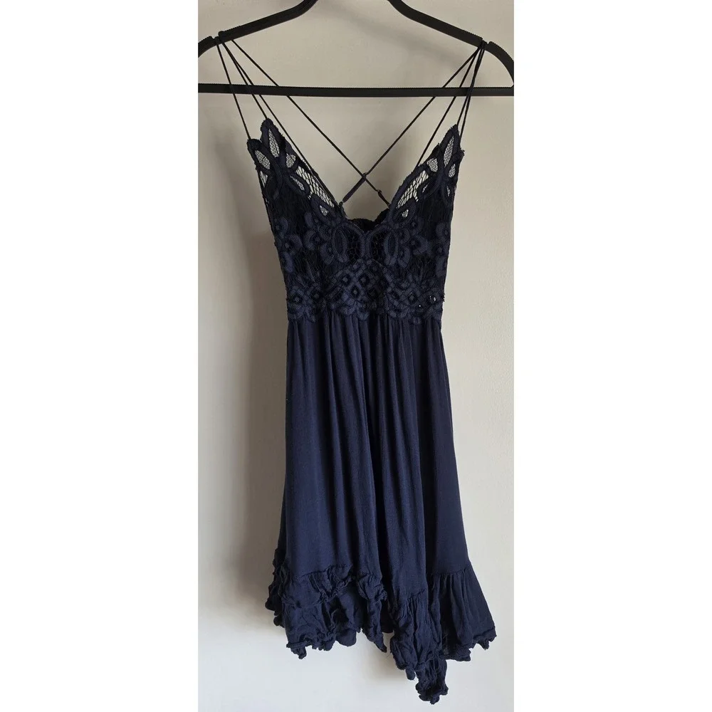 Free People Mini Dress S Navy Sleeveless V-Neck Boho Sundress Lace Babydoll